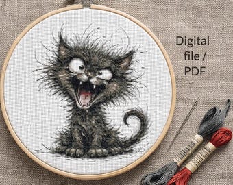 Funny Fluffy Black Cat Cross Stitch Pattern PDF, Cute Angry Kitty, Tablet Friendly Digital Download