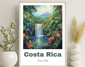 Poster Costa Rica, stampa di viaggio Costa Rica, vulcano Arenal, arte murale Costa Rica, regalo di Natale, arte cascata, regalo di nozze, arte Pura Vida