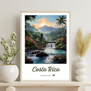 Costa Rica Poster, Costa Rica traditional travel print, Areanal volcano, Costa Rica Wall Art, Christmas Gift, Waterfall Print, Wedding Gift