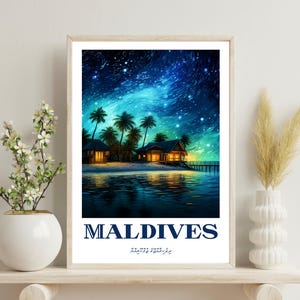 Malediven Poster, Malediven Wandkunst, Malediven Kunstdruck, Malediven Hochzeitsreise Geschenkidee, Malediven Nacht Poster, Weihnachtsgeschenk,