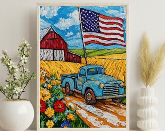 Rustic American Farmhouse Poster Art, Vintage Truck Decor, Americana Home Decor, Usa Country Style Wall Art, Farmhouse Print, Usa Flag Art