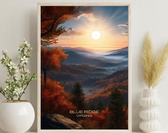 Blue Ridge Mountains Poster, Blue Ridge Parkway Travel Poster, Blue Ridge Art, Wall Decor Autumn,Usa Landscape Poster, Christmas Gift
