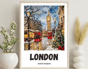 May include: A painting of a snowy London street scene with Big Ben in the background. Two red double-decker buses are driving down the street, and a Christmas tree is in the foreground. The text "LONDON" and "United Kingdom" are at the bottom of the painting.