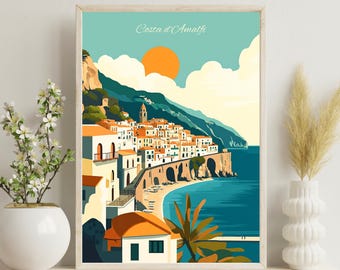 Poster Costa d'Amalfi, stampa artistica retrò della Costiera Amalfitana, arredamento per la casa italiano, stampa vintage di Amalfi, regalo di compleanno, regalo di Natale, stampa artistica dell'Italia