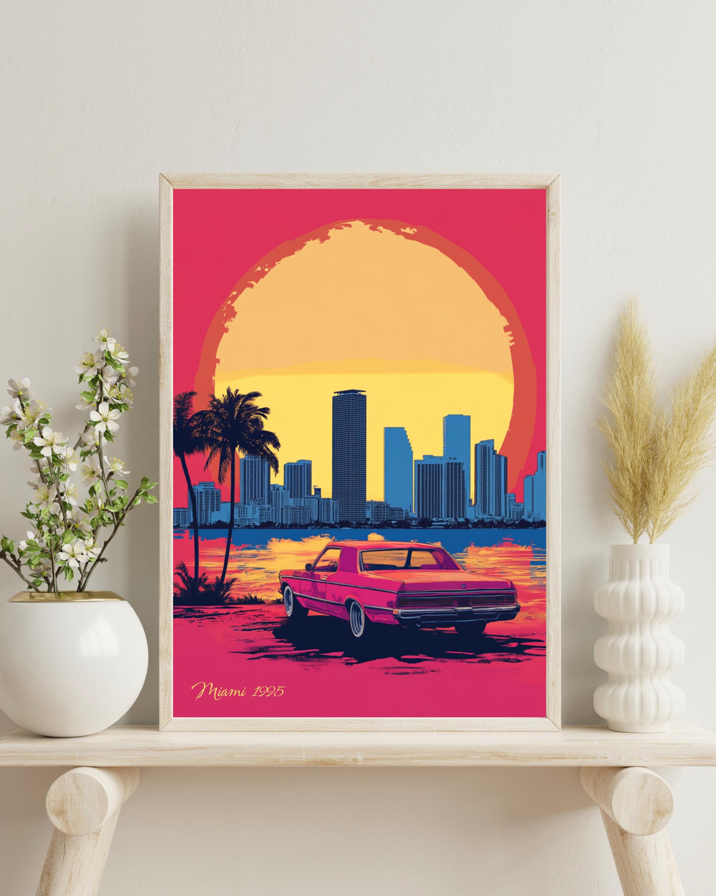 Vintage Miami Sunset Art Print, Miami Retro Wall Art,90s Nostalgia