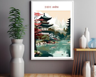 Puede incluir: Una ilustración colorida de un templo japonés tradicional con un techo rojo y un estanque en frente. El templo está rodeado de árboles y el texto "京都 KYOTO" está en la parte superior de la imagen.