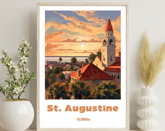 May include: A vintage-style travel poster featuring a sunset view of St. Augustine, Florida. The poster features a tall white church with a red roof and a bell tower. The text "St. Augustine, Florida" is printed in orange at the bottom of the poster.