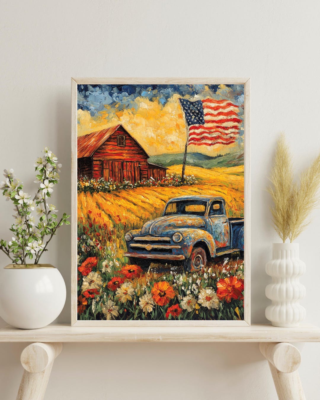 Usa Rustic Farmhouse Poster Vintage Truck & American Flag Art