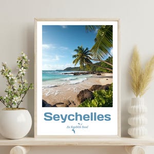 Póster de Seychelles, impresión de Seychelles, póster de viaje de Seychelles, póster tropical de Seychelles, regalo de boda, póster de playa tropical, impresión de palmera