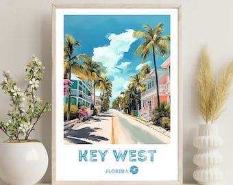 May include: A colorful illustration of a street scene in Key West, Florida. The image features palm trees, pastel-colored buildings, and a road leading to the horizon. The text "KEY WEST" and "FLORIDA" are displayed at the bottom of the image.
