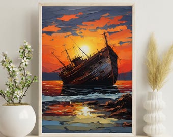 Póster de naufragio, impresión de barco varado, decoración de pared costera, obra de arte náutica, arte de naufragio, impresión de arte única, decoración de pared, impresión de arte de barco