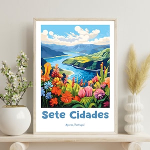 May include: A colorful illustration of a landscape with a river winding through a valley. The text "Sete Cidades, Açores, Portugal" is at the bottom of the image.
