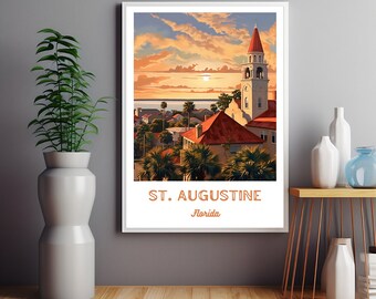 May include: A vintage travel poster featuring a sunset view of St. Augustine, Florida. The poster depicts a church with a tall steeple and red tile roof, surrounded by palm trees and houses. The text "ST. AUGUSTINE, Florida" is printed at the bottom of the poster.