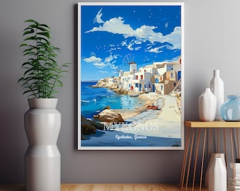Mykonos Travel Poster, Wall Art Mykonos Greece, Home Decoration, Wall Art Print Mykonos Greece Wall Poster, Christmas gift, Greece Art