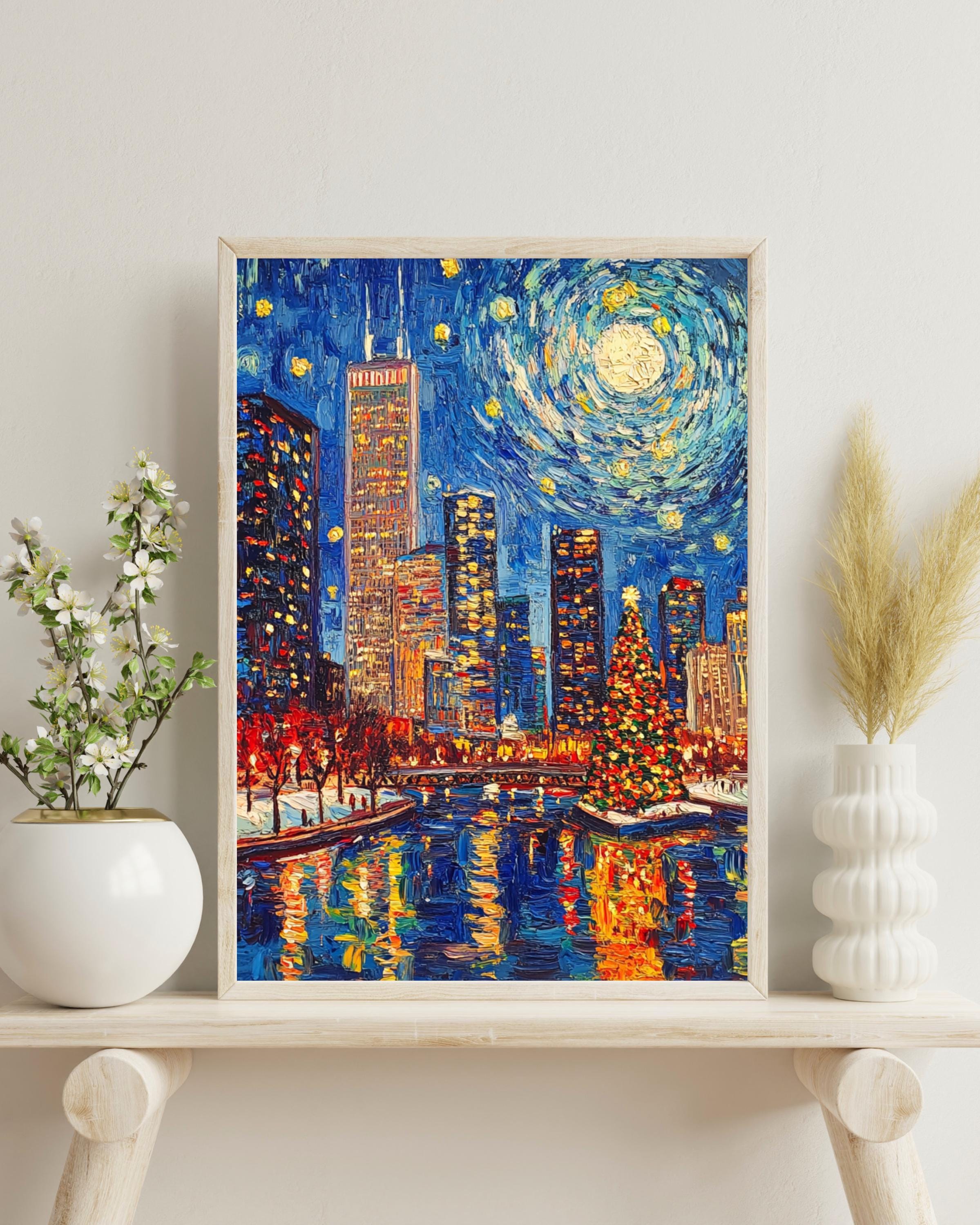 シカゴのポスター、インスピレーションを受けた星空の夜の都市景観の