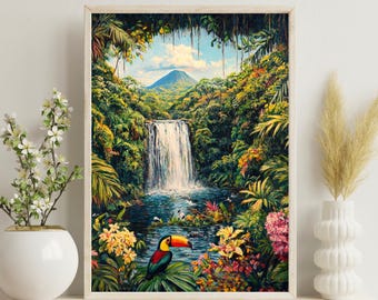 Poster Costa Rica, stampa di viaggio Costa Rica, vulcano Arenal, arte murale Costa Rica, regalo di Natale, arte cascata, regalo di nozze, arte Pura Vida