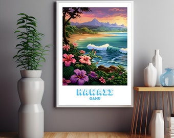 Hawaii Oahu Poster, Hawaii travel print, Oahu print, Honolulu print, Minimalist Retro Wall Art, Flower Art, Island Poster, Christmas Gift