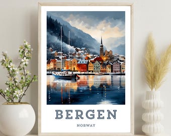May include: A colourful illustration of the city of Bergen, Norway. The image shows a waterfront scene with colourful buildings, a sailboat, and a mountain in the background. The text "BERGEN NORWAY" is at the bottom of the image.