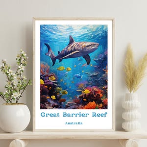 Great Barrier Reef Poster, Great Barrier Reef Print, Australia Wall Art, Australia Travel Print, Shark Print, Christmas Gift, Australia Art