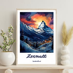 Zermatt Poster, Zermatt Print, Zermatt traditional travel print, Switzerland Art Gift, Wedding Gift, Birthday Gift, Christmas Gift,