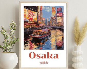 May include: Framed art print featuring a vibrant depiction of Osaka, Japan. The artwork showcases a boat on a river, surrounded by colorful buildings and illuminated signs. The word "Osaka" is displayed in a bold, rust-colored font, with Japanese characters below.