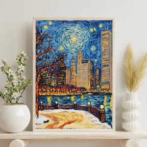 Chicago Poster, inspirierte Sternennacht Stadtbild Poster, festliche Wandkunst für Weihnachten, Chicago Print, Chicago Winter Kunst, Chicago Weihnachten