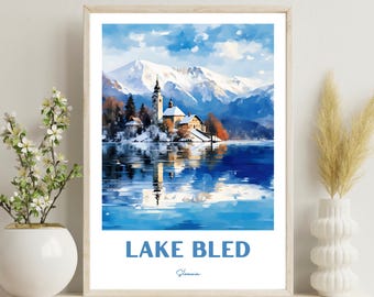 Lake Bled Poster, Lake Bled Print, Lake Bled Travel Print, Lake Bled Wall Print, Slovenia Art Print, Lake Bled Winter Print, Christmas Gift