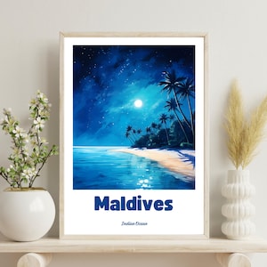 Malediven Poster, Malediven Wandkunst, Malediven Kunstdruck, Malediven Hochzeitsreise Geschenkidee, Malediven Nacht Poster, Weihnachtsgeschenk,