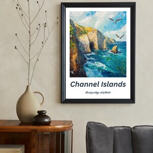 Puede incluir: Una pintura enmarcada de una costa rocosa con una cueva y agua azul. La pintura se titula "Channel Islands" con el subt&iacute;tulo "Archipelago del Norte".
