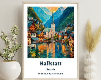 Hallstatt Austria Poster, Austria travel print, Hallstatt Van gogh, Hallstatt print, Austria art, Austria Mountain Landscape, Christmas Gift