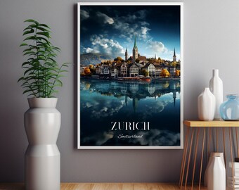 Zurich Print, Switzerland Travel Poster, Swiss Wall Art, Home Decor,Travel Poster Zurich Artwork, Wedding Birthday gift, Christmas Gift