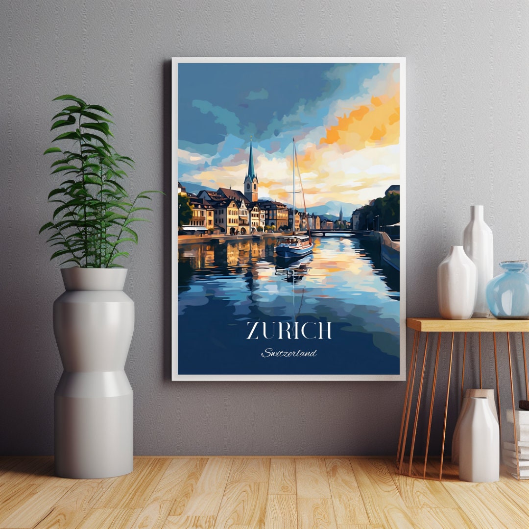 Zurich Print, Switzerland Travel Poster, Swiss Wall Art, Home Decor