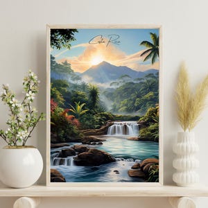 Costa Rica Poster, Costa Rica traditional travel print, Areanal volcano, Costa Rica Wall Art, Christmas Gift, Waterfall Art, Wedding Gift