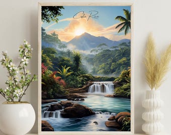 Costa Rica Poster, Costa Rica traditional travel print, Areanal volcano, Costa Rica Wall Art, Christmas Gift, Waterfall Art, Wedding Gift