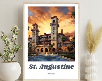 May include: A vintage travel poster featuring a sunset view of the Ponce de Leon Hotel in St. Augustine, Florida. The poster has a retro, faded look and features the text "St. Augustine, Florida".