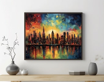 May include: A colorful abstract painting of a city skyline with a reflection in the water below. The sky is a mix of red, orange, yellow, blue, and green. The city buildings are black silhouettes.