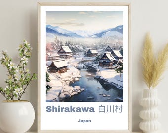 白川郷 日本旅行ポスター：雪の合掌造り集落の絵画アートプリント