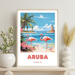 Póster de Aruba, impresión de viaje tradicional de Aruba, playa Flamingo de Aruba, póster de flamencos, regalo de boda en el Caribe, regalo de Navidad, flamenco de Aruba