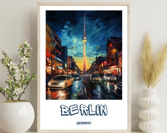 May include: A painting depicting a city street scene at night, with a tall tower in the background. The street is lined with buildings and cars. The painting is titled "BERLIN, GERMANY".