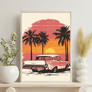 Póster vintage de California, póster de viaje de estilo retro, póster vintage del estado de California, póster vintage de Muscle Car, póster retro de atardecer en California