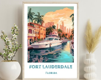 Könnte beinhalten: Eine farbenfrohe Illustration einer Stadtlandschaft mit einem Boot im Vordergrund. Der Text "FORT LAUDERDALE FLORIDA" befindet sich am unteren Rand des Bildes.