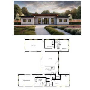 Modern huisplattegrond met 4 slaapkamers: 2.700 SF, 2,5 badkamers, open concept, indeling slaapkamer, ontwerp met plat dak (66'5" x 62'0" l)