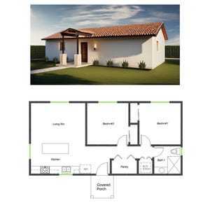 Puede incluir: Un plano de planta simple de una casa con dos dormitorios, una sala de estar, una cocina, un baño, una despensa y un porche cubierto.