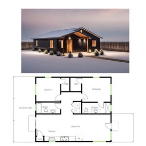2 slaapkamers en 2 badkamers (1050 SF) ADU-plattegrond met open keuken naar woonkamer. (30'-0"Breedte x 35'-0"Lengte)