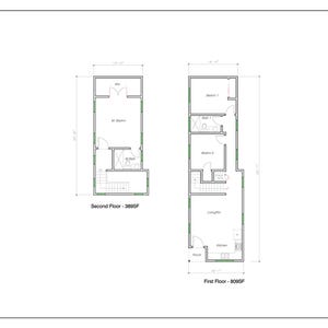 3 slaapkamers en 2 badkamers (1.200 SF) ADU (accessoirewoning) met 2 verdiepingen Plattegrond huis (16'-1" breed x 54'-1" lang)