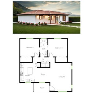 2 Bedroom 1 Bath (1,055 SF) Cottage /Ranch/Tiny Home/Affordable Home Design/Small Family House/ADU Floor Plan (34'-8"Width X 35'-2"Length)