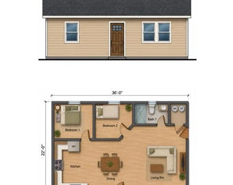 Grundriss für eine Einliegerwohnung mit 2 Schlafzimmern: 792 Quadratfuß, 22'x36' (Digitaler Download)