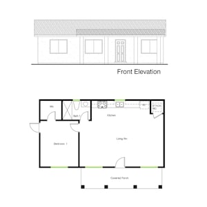 1 slaapkamer en 1 badkamer (730SF) ADU (accessoirewoning) Plattegrond huisplattegrond, klein huis, oma-flat (20'-0" breedte x 36'-7" lengte)