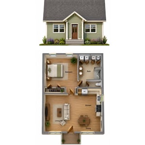 May include: A house design featuring a sage green exterior with a dark gray roof and a front porch. The floor plan shows a one-bedroom layout with a living room, dining area, kitchen, bathroom, and laundry closet with a washer and dryer.