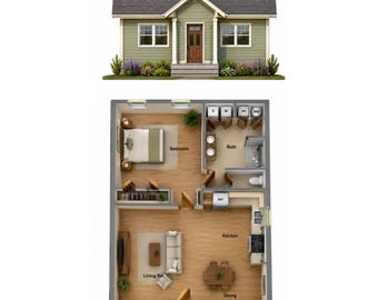 Grundriss für ein Cottage-Haus mit 1 Schlafzimmer und 1 Badezimmer: 1008 Quadratfuß große Einliegerwohnung (Digitaler Download)